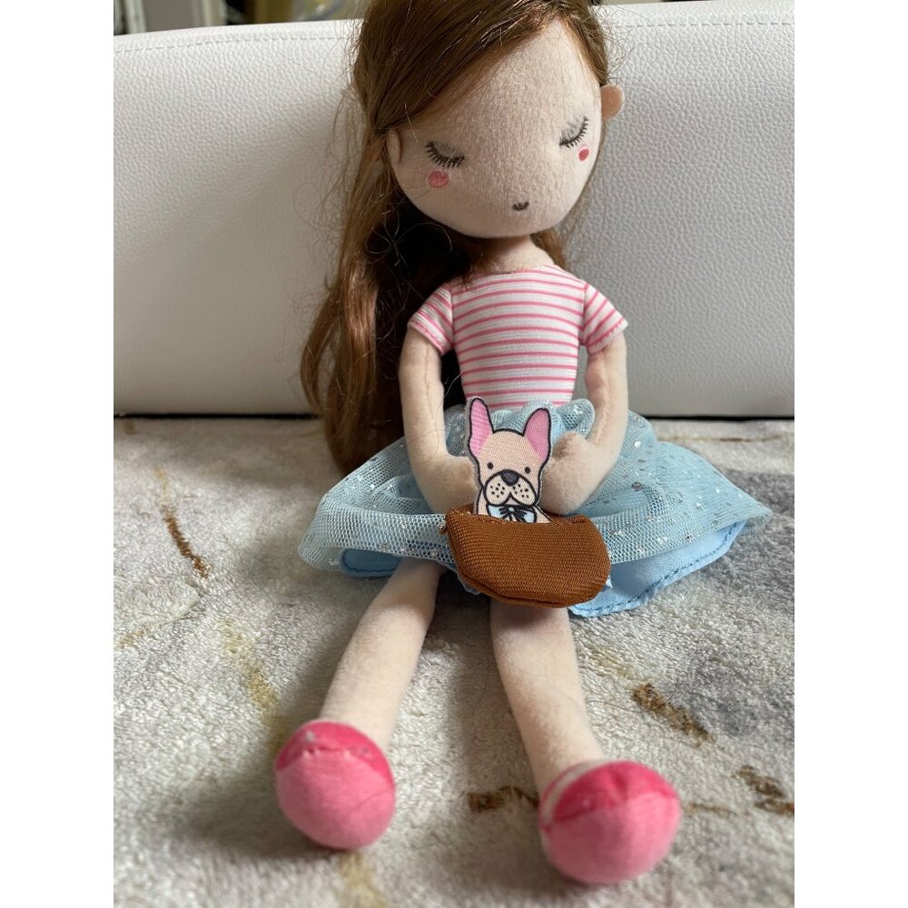 Aurora Little Lilly Floral Girl w/ French Bulldog Doll Plush 12"